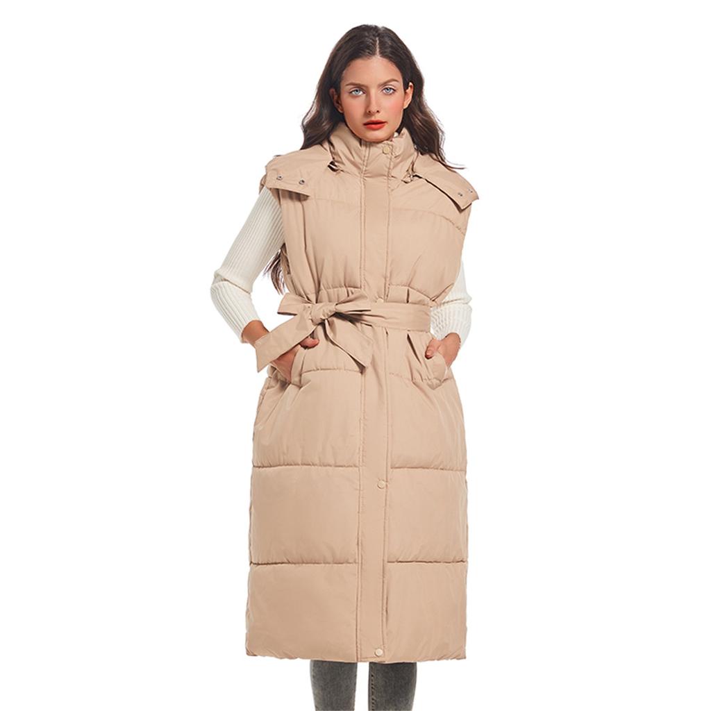 Женские длинные пуховые жилеты без рукавов с капюшоном на молнии с поясом, стеганое пальто с подкладкой, верхняя одежда