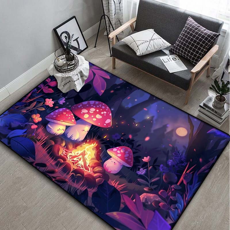 Magical Purple Glow Mushroom Forest Area Rug, Fantasy Butterfly Night Scene Floor Mat for Living Room Bedroom