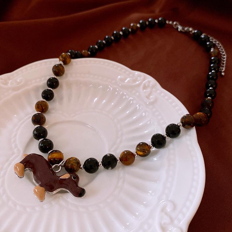 Мультяшный кулон щенок тигровый глаз: Корейская ретро универсальная цепочка-свитер, высококачественная бижутерия для женщин