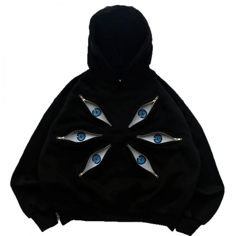 Unisex Dark Gothic Hoodie With Eye Print Patchwork Design Zipper Front Oversized Fit Streetwear