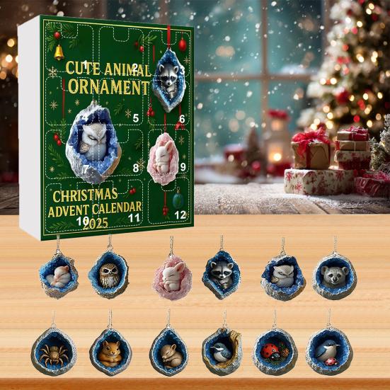 Рождественский Геода Животные Адвент-календарь 2025 2D Акриловые Лесные Животные Рождественские Украшения 12 Дней Календарь Обратного Отсчета для Праздничного Декора