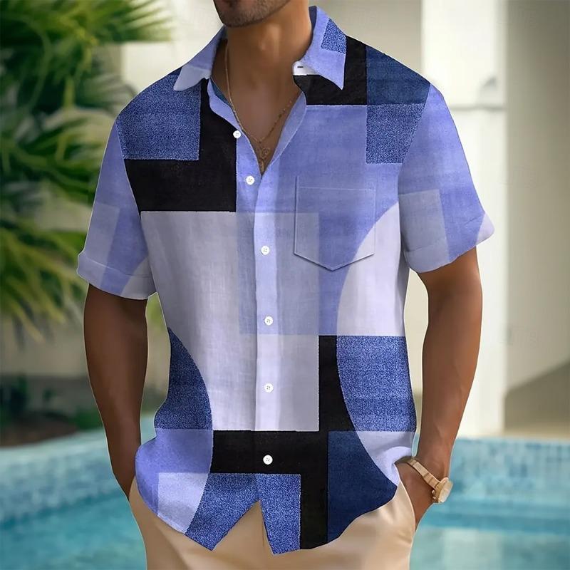 Men's geometric color block patchwork shirt Button shirt Short-sleeved fashion casual summer lapel 3D printing with pocket shirt