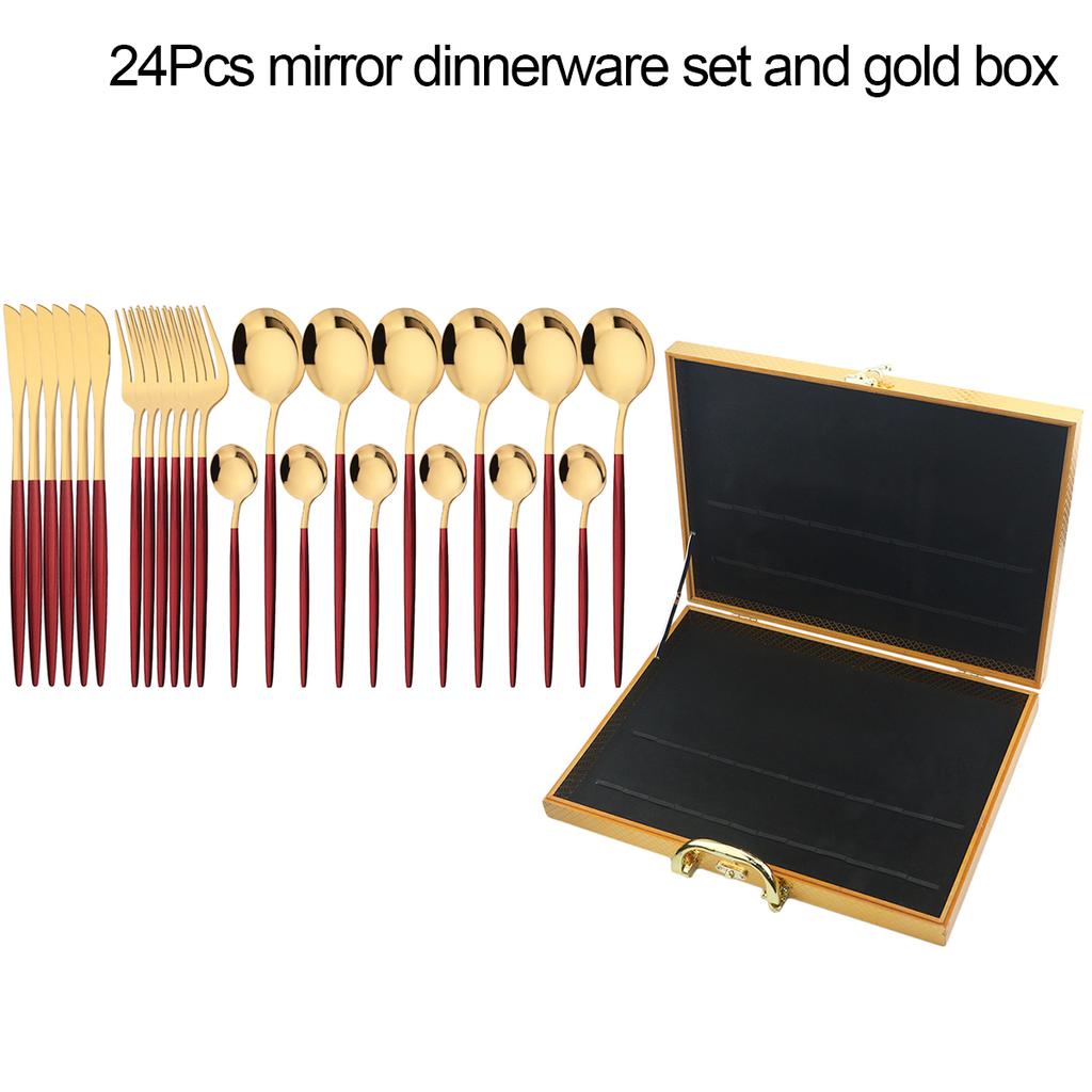 24Pcs Black Gold Dinnerware Set with Box Knives Fork Tea Spoon Cutlery Set Stainless Steel Silverware Tableware Kitchen Flatware