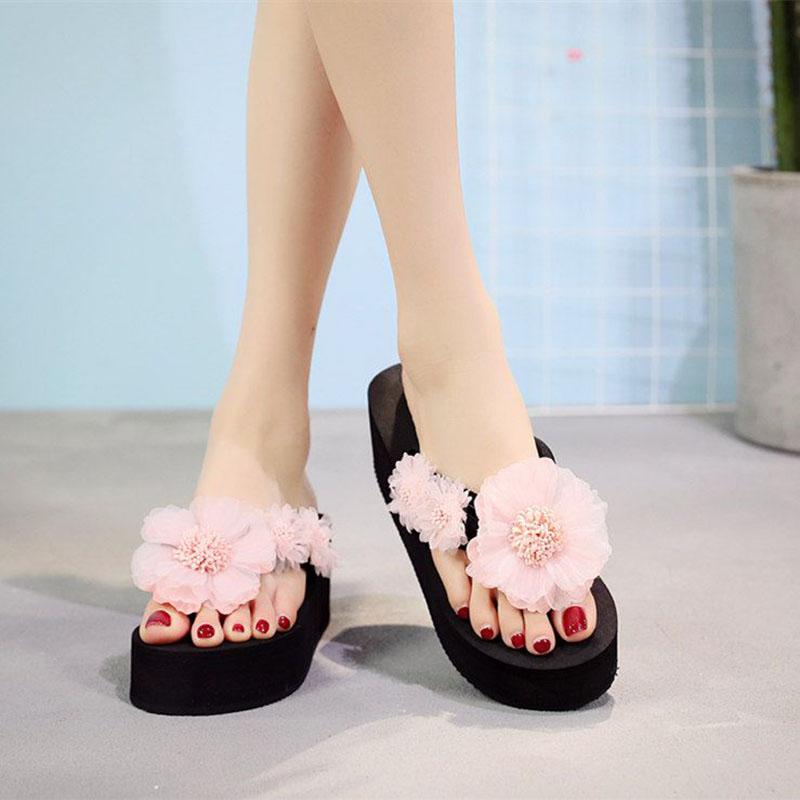 Flower Slope Heel Flip-flops Thick Soled High Heeled Slippers Women Beach Anti-skid Slippers Fashion Lightweight Comfortable Simple Casual