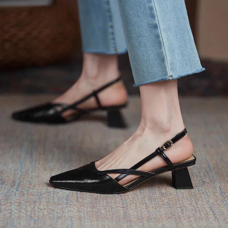 2024 Весна Лето Женские Сандалии Элегантные Лаконичные Офисные Дамы Квадратный Носок Высокие Каблуки Туфли Из Натуральной Кожи Женские Туфли-Лодочки