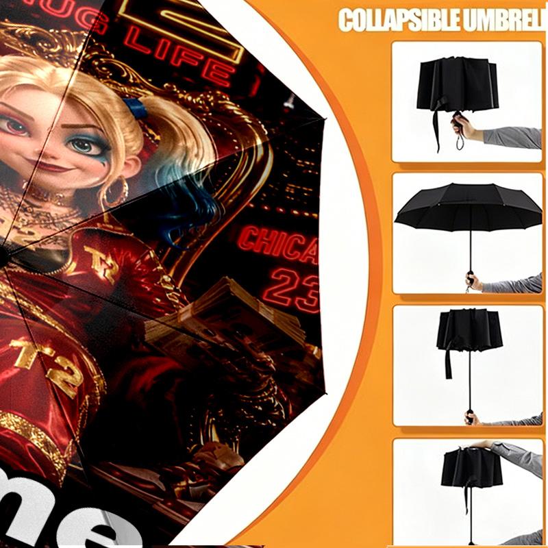 Custom Name Personalized Harley Quinn Joker Print Umbrella, Auto Open Close, 8‑Rib Sturdy Frame, Commute Camping Hiking Use, Birthday Gift