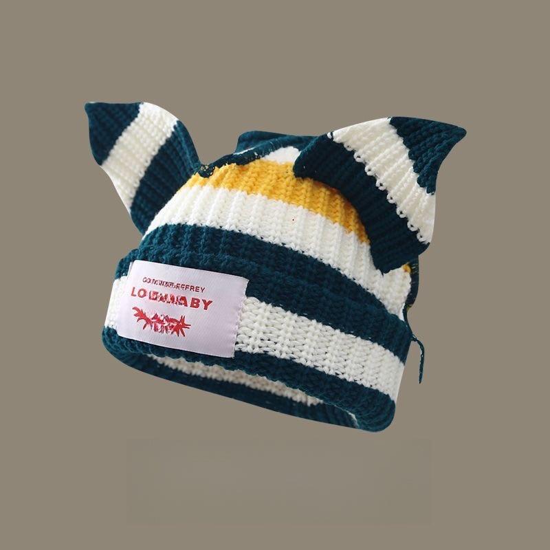 1PC Spliced Colors Fashionable Knitted Hat Keep Warm Gathering Take Photos Pig Ears Thickened Cute Festival New Style