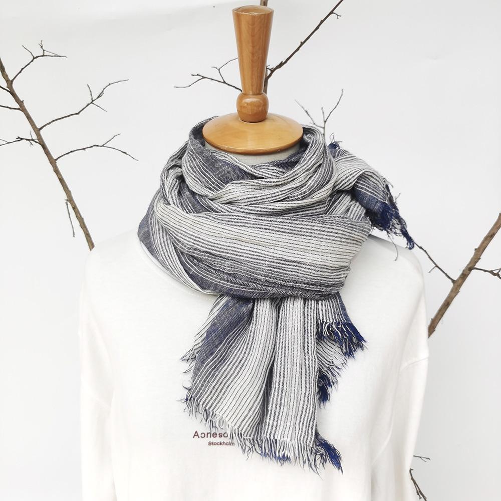 Striped Men's Cotton and Linen Scarf, Literary Style, Personality, Natural Wrinkle, Casual and Good with Fringed Silk Scarf Women