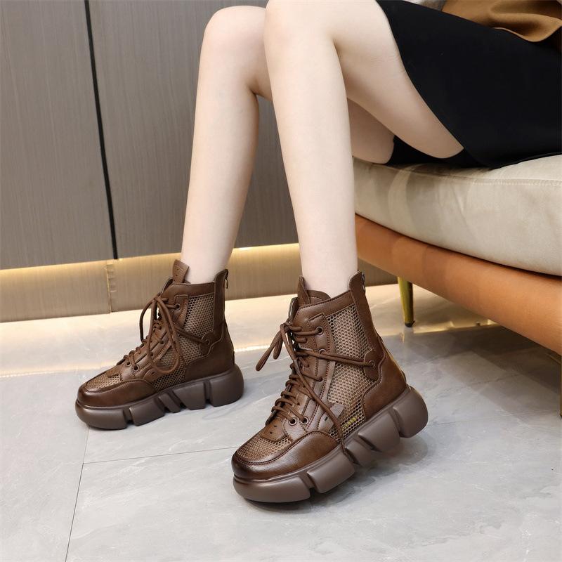Кожаные сетчатые перфорированные ботинки Мартина женские 2025 новые лето, осень и зима мягкая подошва сетчатые ботинки универсальные дышащие на плоской подошве тонкие