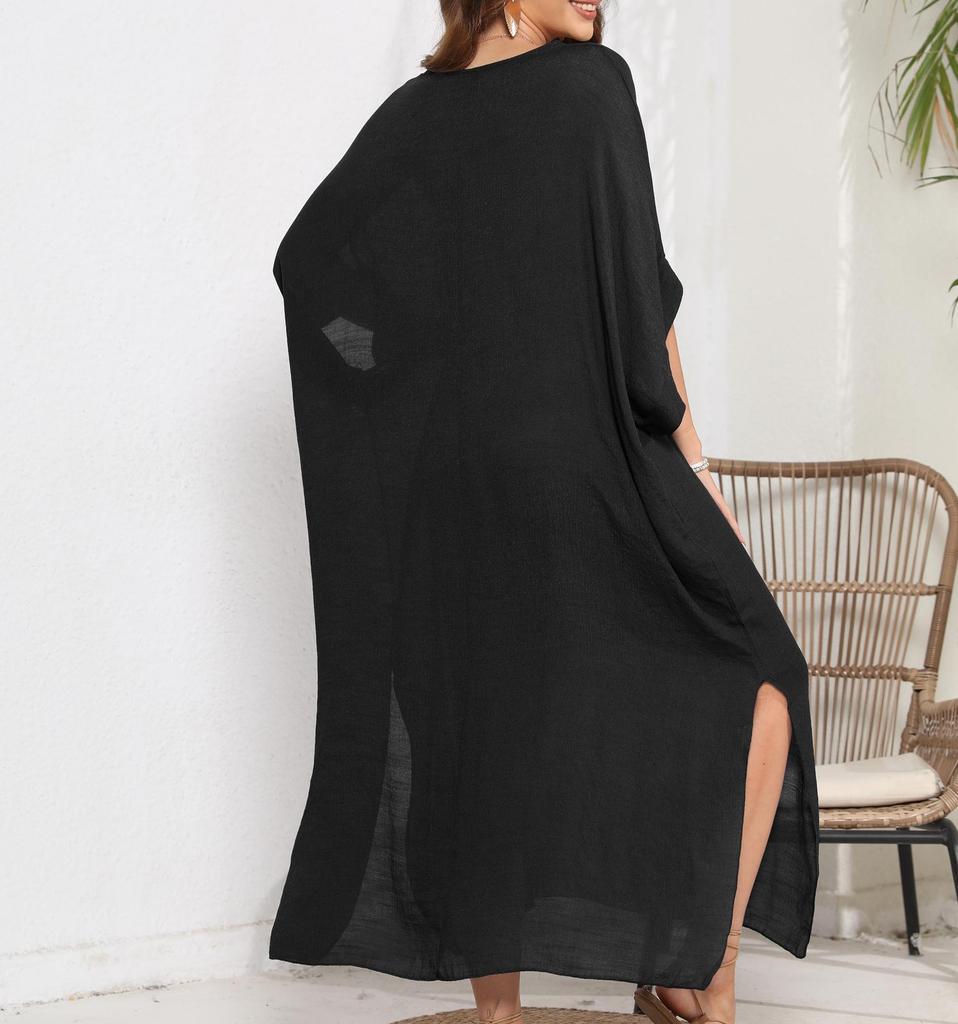 Плюс размер Женское Летнее Повседневное Праздничное Пляжное Платье Купальники Сплошной Свободный Пляжная Одежда Женский V-образный Вырез Половина Рукава Платье