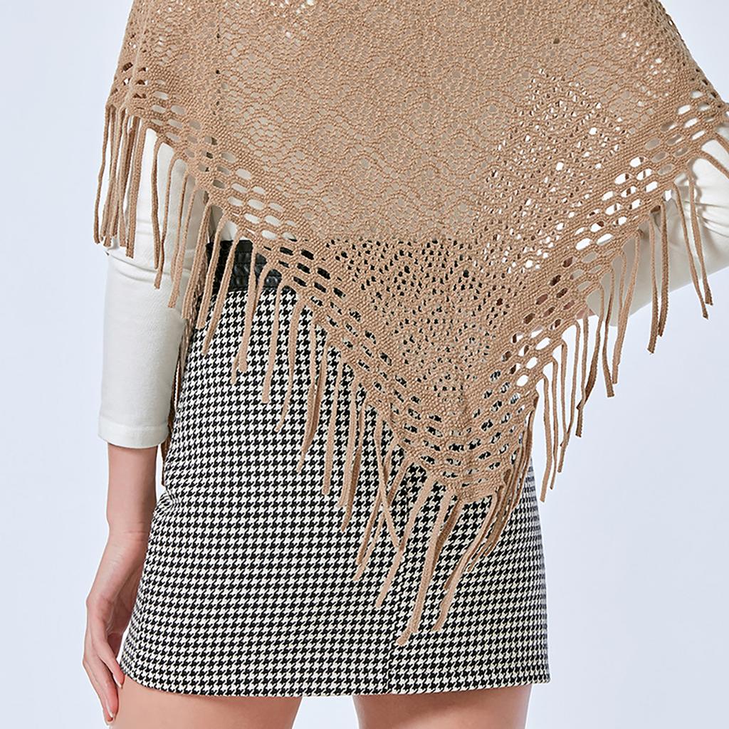 Women's Hollowed Knitted Triangular Scarf Imitation Cashmeres Soft Winter Shawl Wrap Neckerchief Blanket with Fringes