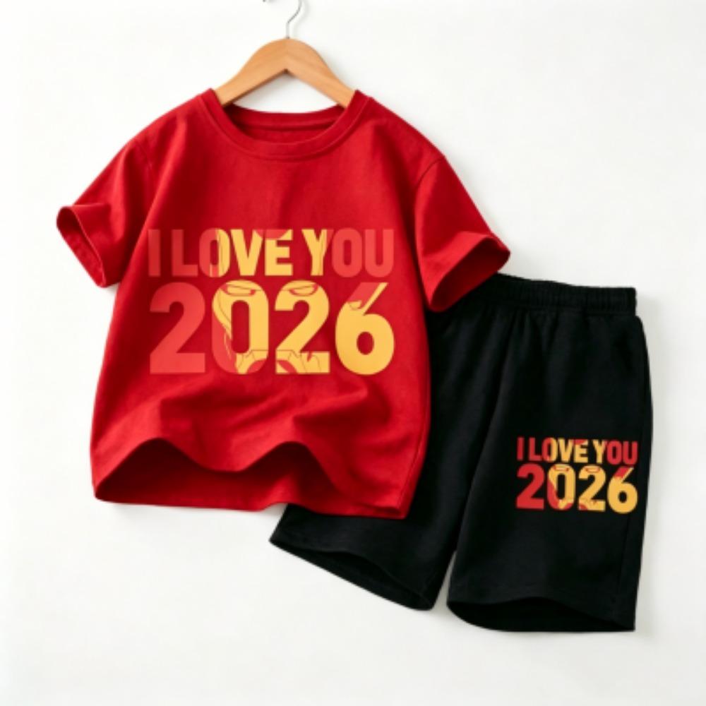 Fashion Letters I Love You 2026 Print Outdoor Street Kids T-shirt and Shorts Summer Home Casual Outfit Boy and Girl's Sports Set