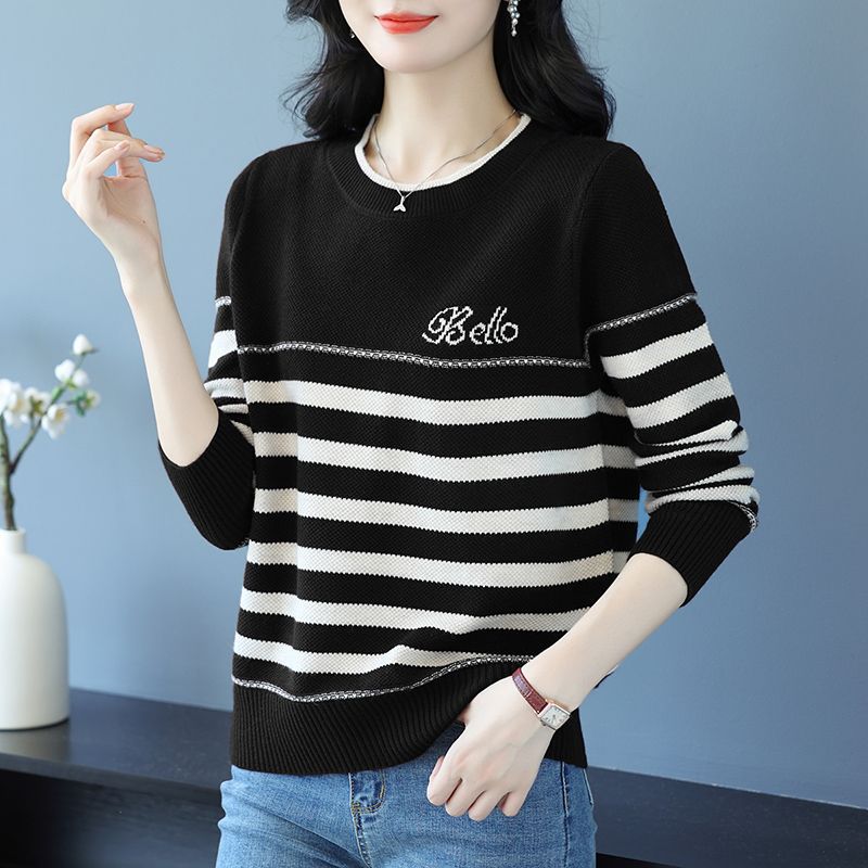 Полосатый свитер для мамы среднего возраста на весну и осень, новый модный свободный свитер, свободная рубашка с круглым вырезом
