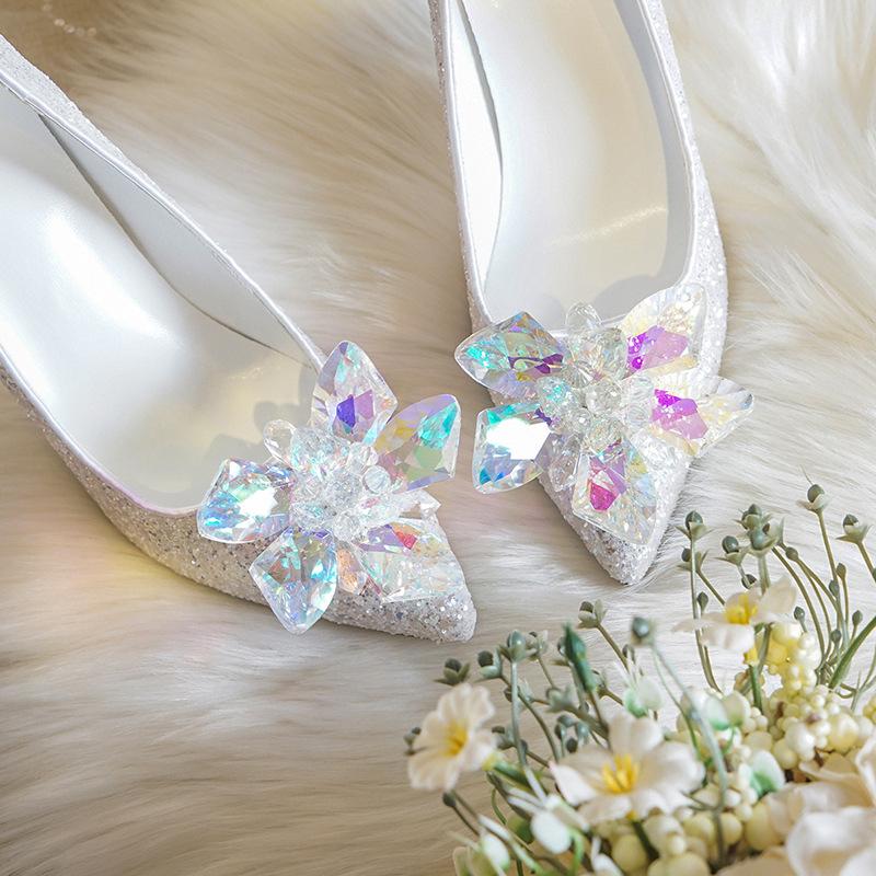 2024 Золушка Стразы Высокий каблук Роскошные Кристалл Свадебные Туфли Для Женщин Острый Носок Каблуки Женские Блестки Белые Свадебные Туфли