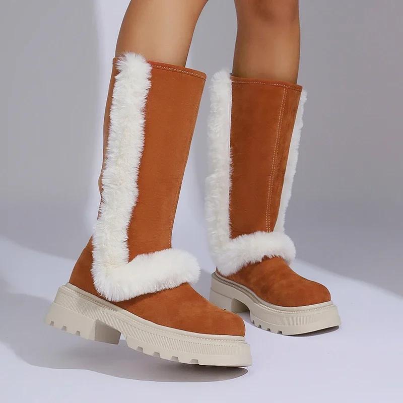 Женские меховые ботинки на платформе до середины икры, теплые ботинки на каблуке, зимняя мода 2025, новые модные повседневные ботинки на квадратном каблуке, Botas Mujer