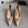 Fashion Crystal Bowtie Shoes Ladies Office Work Chunky High Heels Bridesmaid Wedding Pumps Woman Wedges Pointy Toe Mary Jeans Mujer
