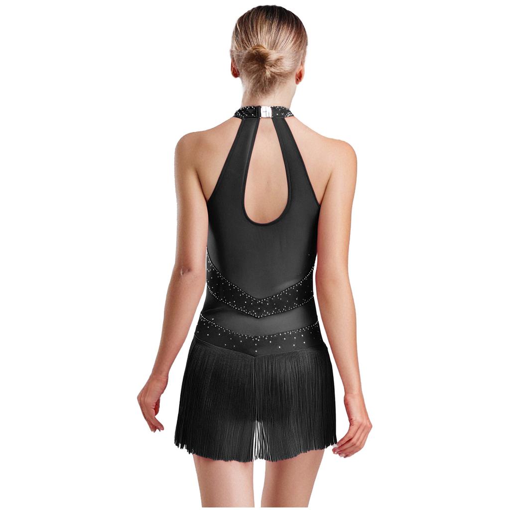 Женский латиноамериканский купальник с блестящими стразами, бахромой, сетчатыми вставками, с вырезом на спине, боди для выступлений