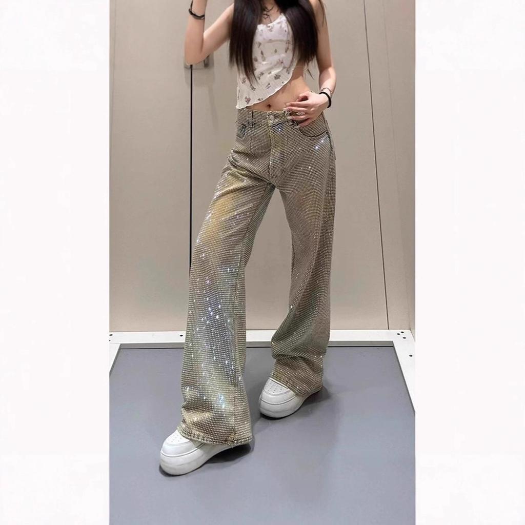 American Spice Girl Design Sense Full Diamond Jeans Women's Spring and Autumn New Personality Gypsy Star Niche Straight Pants
