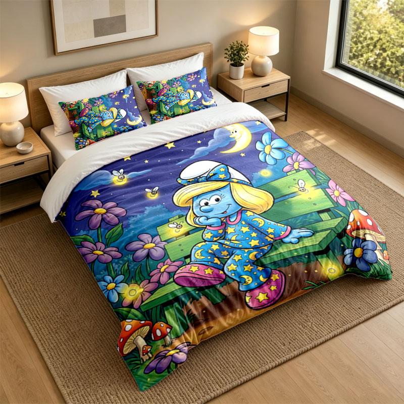 3Pcs Bedding SetSmurfs cute Soft Bed Sheet and Two Pillowcases Home Bedroom Decor