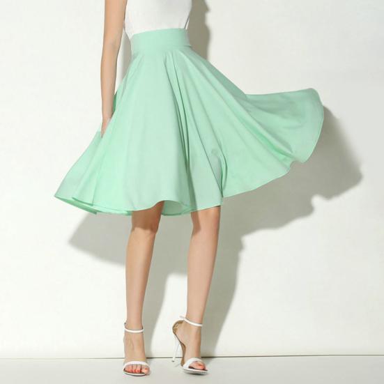 Women Skirt Elastic High Waist A-Line Style Skirt Solid Color Large Hem Skater