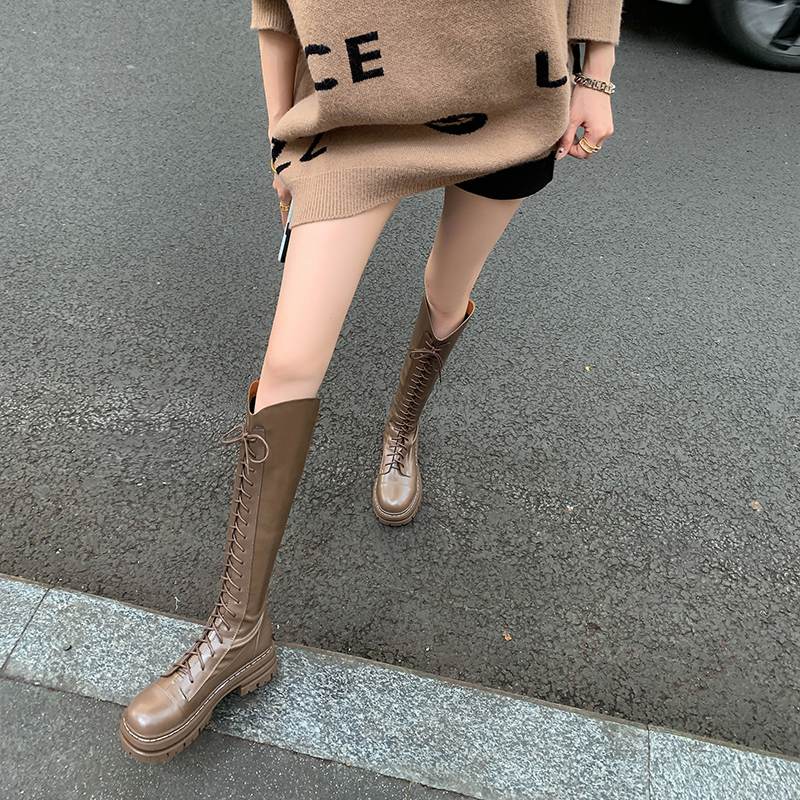 Krazing Pot Осенне-зимняя обувь из натуральной кожи, конные сапоги на среднем каблуке в европейском дизайне, женские теплые сапоги до бедра