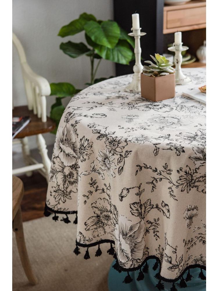 French Vintage Floral Print Tablecloth with Tassels - Black and White Rose Design, Round Cover for Dining Room or Kitchen Decor