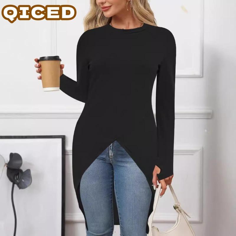 QICED Модные осенне-зимние однотонные платья с принтом, с длинным рукавом, с круглым вырезом, повседневные, уникальный дизайн