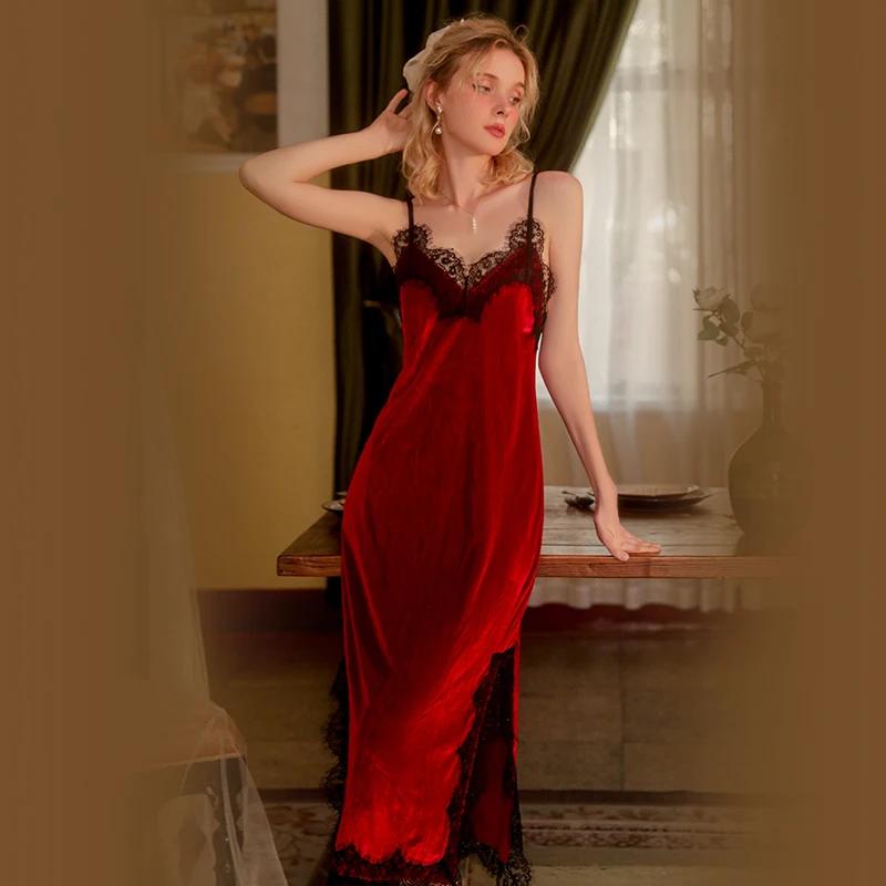 Сексуальная пижама для женщин на осень Кружево Сладкая Однотонная Ночная рубашка Длинная Мягкая и удобная Бархатная пижама Комплект для женщин