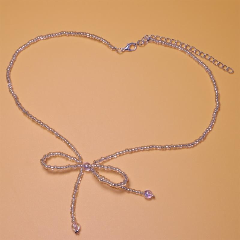 Fashionable Bowknot Pendant Necklace Handmade Colorful Beads Neckchain Bow Clavicle Chain for Women Girls Choker