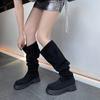 Krazing Pot Осенне-зимняя обувь из флока, эластичные сапоги на среднем каблуке, плиссированные украшения, женские теплые сапоги до бедра
