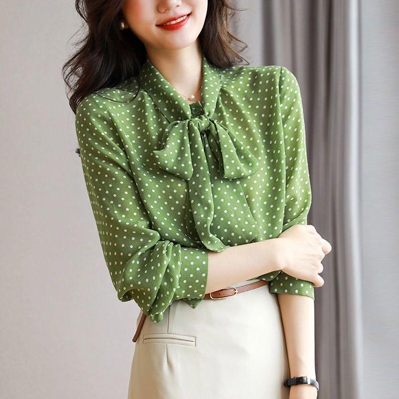 Spring Autumn Shawl Collar Long Sleeve Blouse Women's Bow Polka Dot Printing Cardigan Elegant Thin Style Shirt