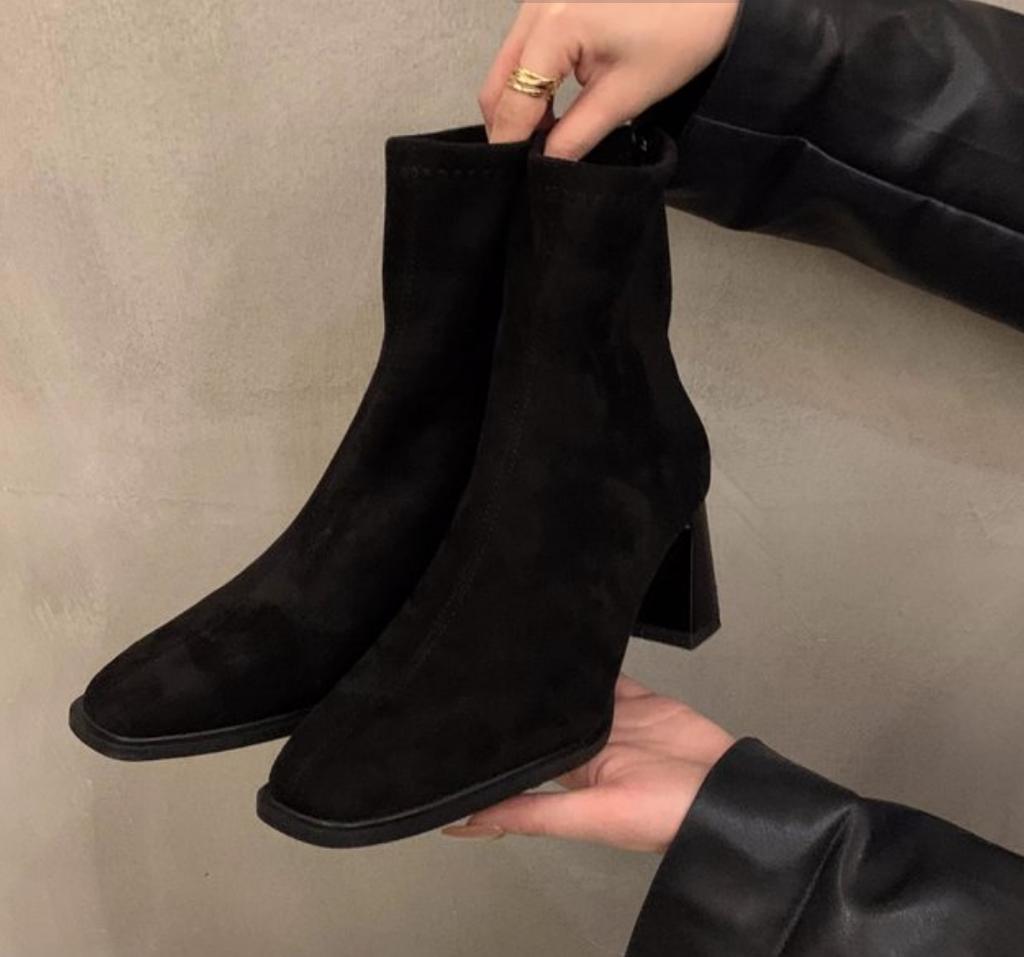 Модные винтажные женские ботильоны 2025 Модные с квадратным носком на толстом высоком каблуке Осенне-зимние новые женские элегантные стрейчевые облегающие короткие ботильоны