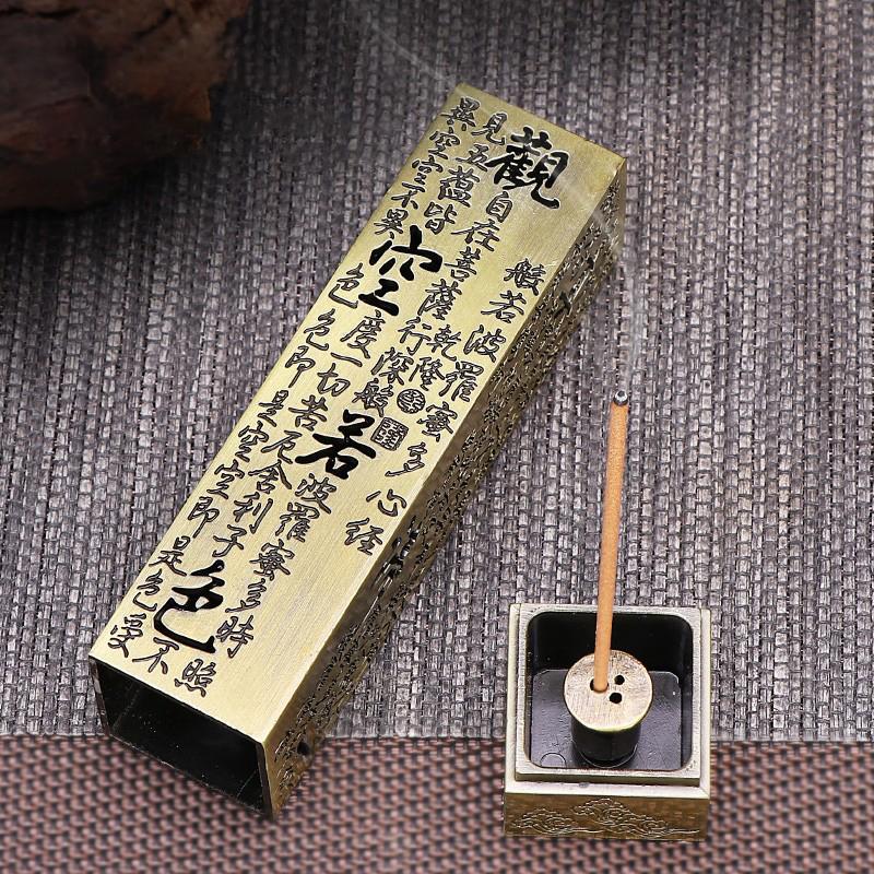 Retro Incense Burner Vertical Zen Buddha Heart Sutra Pillar Vintage Metal Incense Holder Home Office Decoration
