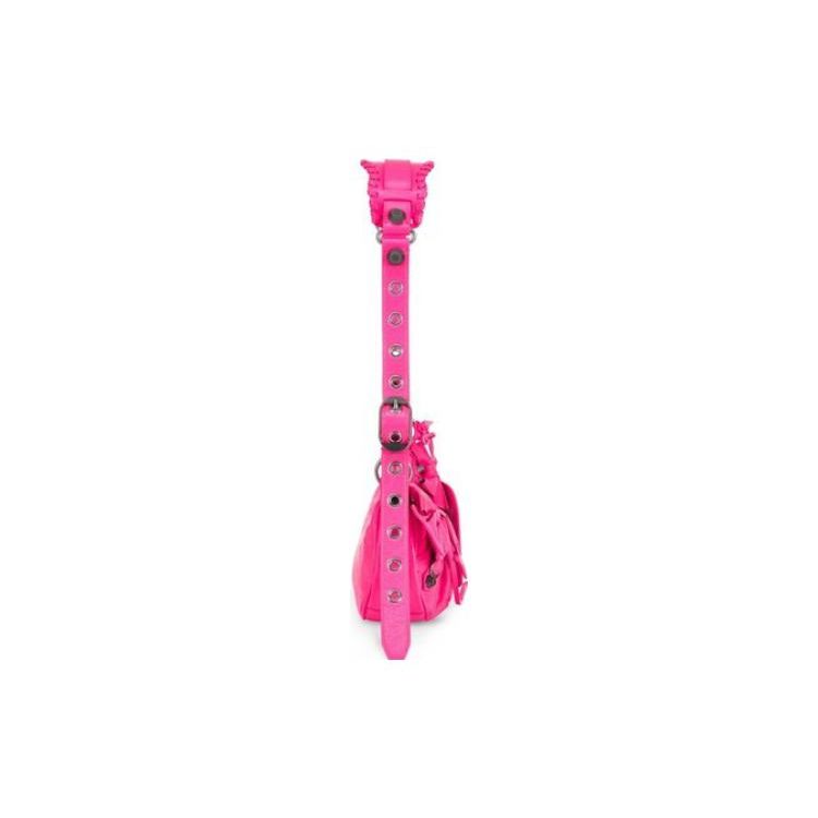 Balenciaga Le Cagole Distressed Silver Metal Accents Adjustable Shoulder Strap Textured Lambskin Mini Crossbody Bag Fluorescent Pink 6713092AAIU5634