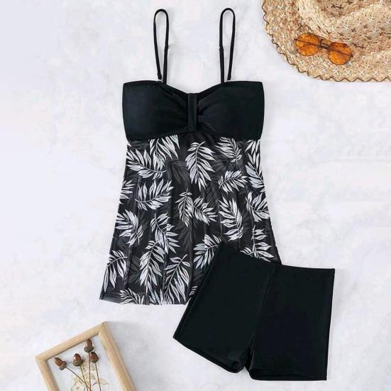 2Pcs/Set Tankini Set Adjustable Straps Padding Underwire Bandeau Tops Boxer Briefs Set Mesh