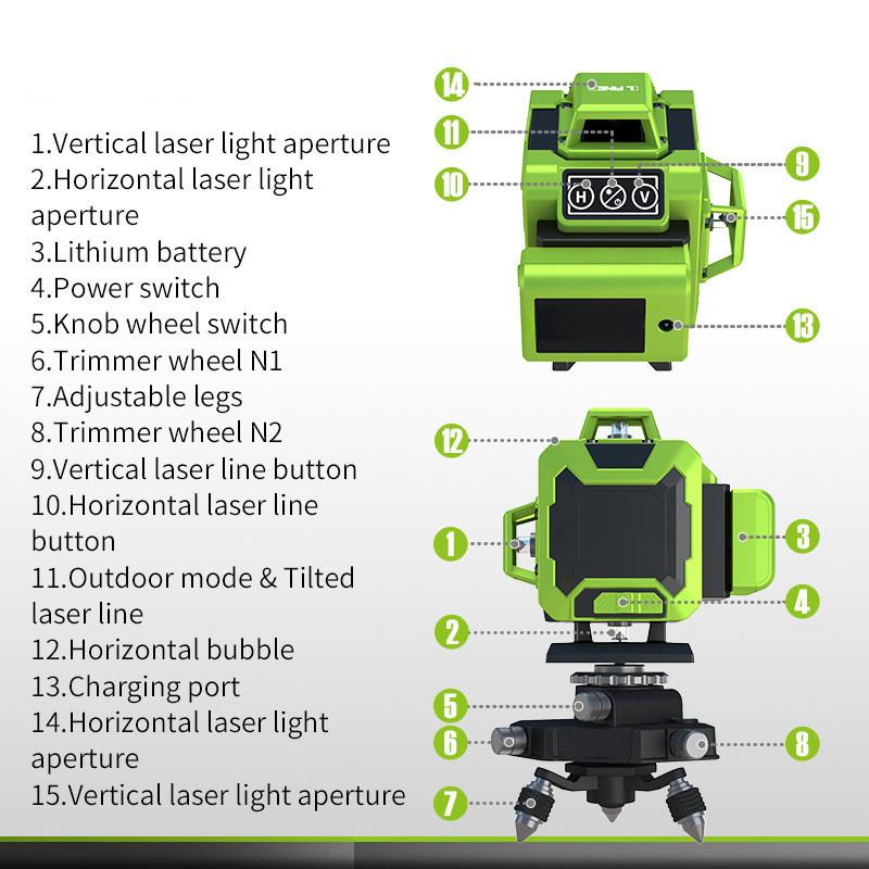 12/16 Line 360° Horizontal and Vertical Cross Lines Measure Tool New Green Laser Level Portable Self Leveling Laser Projector