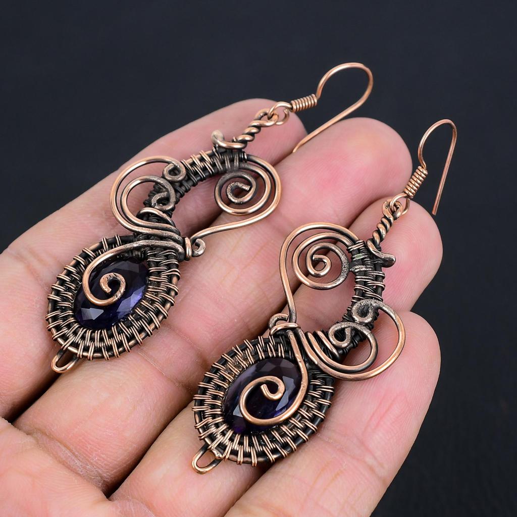 Серьги с аметистом, ювелирные изделия из драгоценных камней, серьги, обмотанные медной проволокой 999 пробы, подарок для женщин, серьги ручной работы