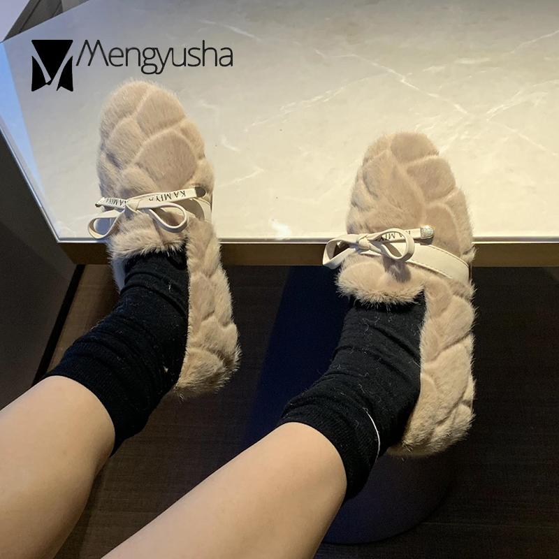 Fashion Winter Plaid Fur Flats Women Pu Butterfly-knot Cotton Shoes Woman Fairy Fleeces Loafers Comfy Plush Fluffy Moccasins Female