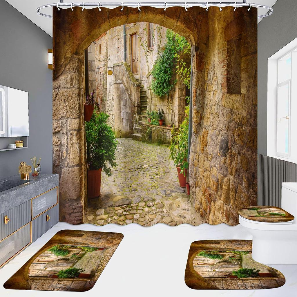 4 шт., наборы занавесок для душа в европейском стиле с архитектурой замка Мандала для ванной комнаты, нескользящие коврики для ванной комнаты, крышка для унитаза, коврик для ванной