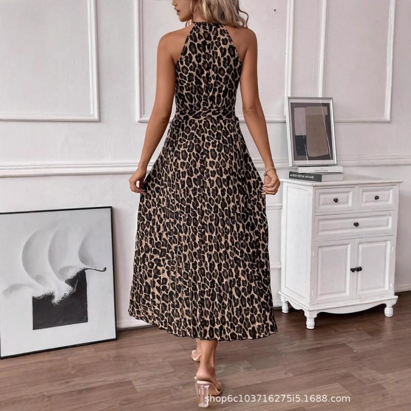 Womens 2025 Leopard Print V-Neck Backless Slip Dress High Waist Flowy Maxi