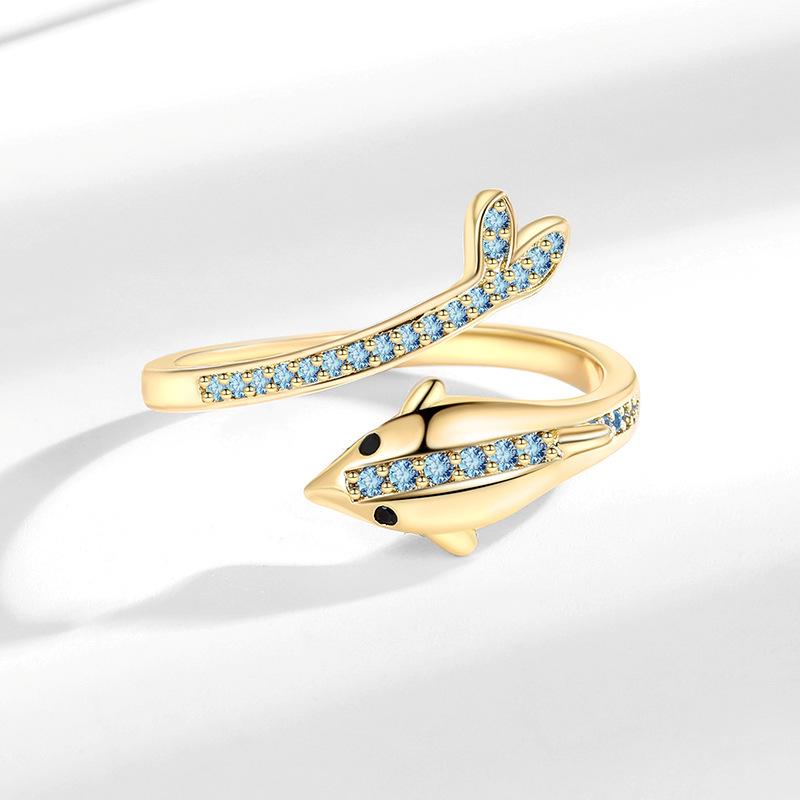 Elegant Adjustable Blue Dolphin Zircon Ring Set – European & American Fashion