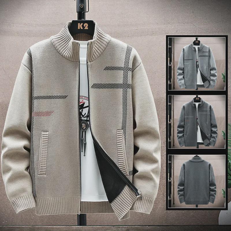 Мужской вязаный кардиган 2023 года на бархатной подкладке: Теплая куртка с принтом, длинными рукавами и воротником-стойкой для осени/зимы.