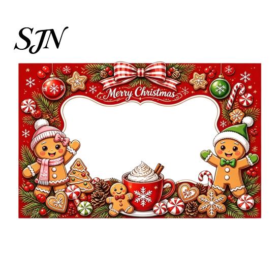 Portable Christmas Background Banner Cartoon Photo Booth Frame Banner, Xmas Selfie with Elk Festive Seasonal Event Penguin Bear, Holiday Party