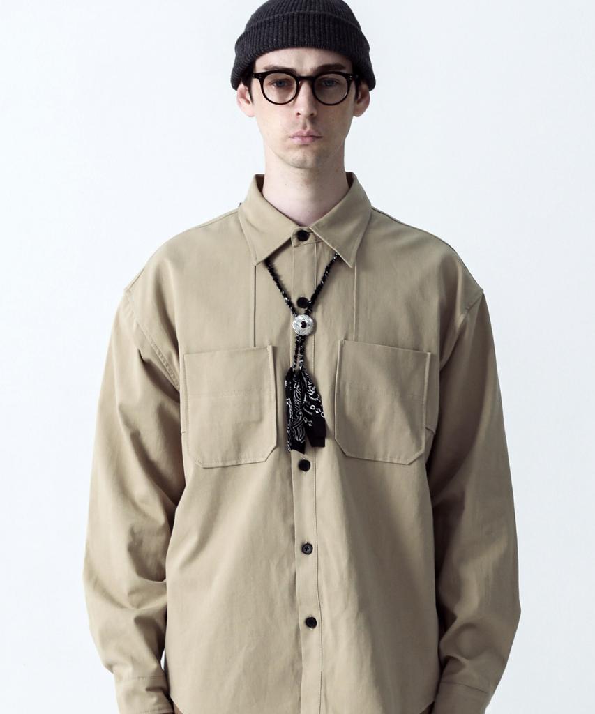 STAGE NAME Cotton Double Shoulder Work Oversized Shirt_Beige