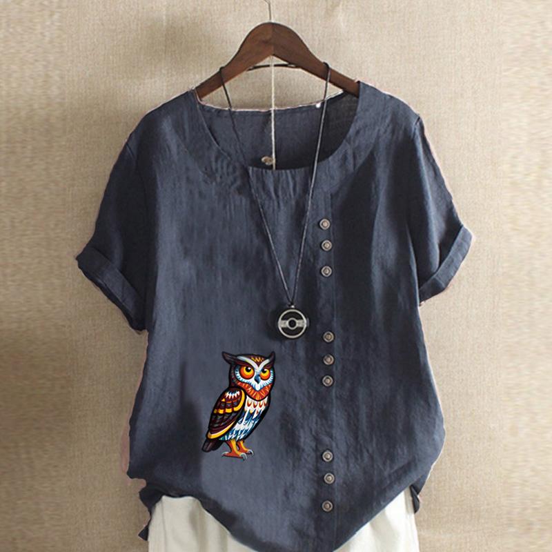 Women's Fashion Round Neck Short Sleeve T-shirt Casual Cotton Linen Graphic Shirt Leisure Loose Owl Print Prined Summer Blouse Tops