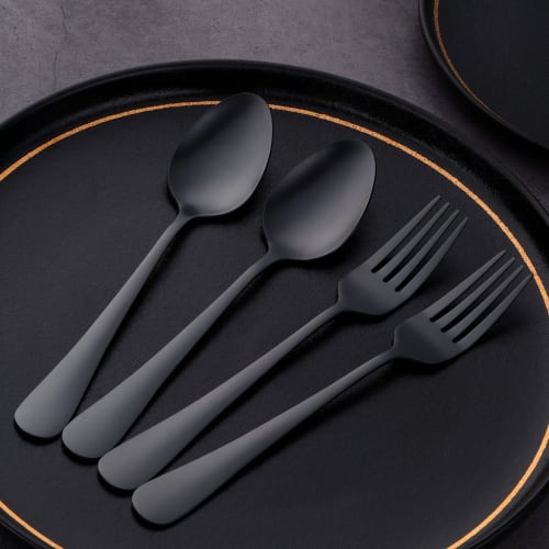 BISDARUN Dinner Spoons and Forks, 4-Piece Set, Serves 2, 18-0 Stainless Steel, Brushed Satin Finish, Dishwasher Safe, Available in 4 Colors, Blackc