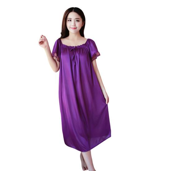 Chic Solid Color Smooth Surface Sleepwear Lightweight Quick Dry Women Nightdress for Adult Nightie Dress