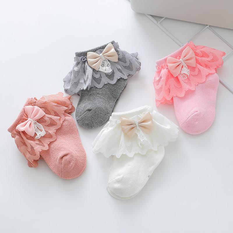 Princess Baby Lace Ruffle Socks Spring Summer Toddler Short Sock Solid Color Infants Girls Bow Socks 6-36M Kids Cotton Footwear
