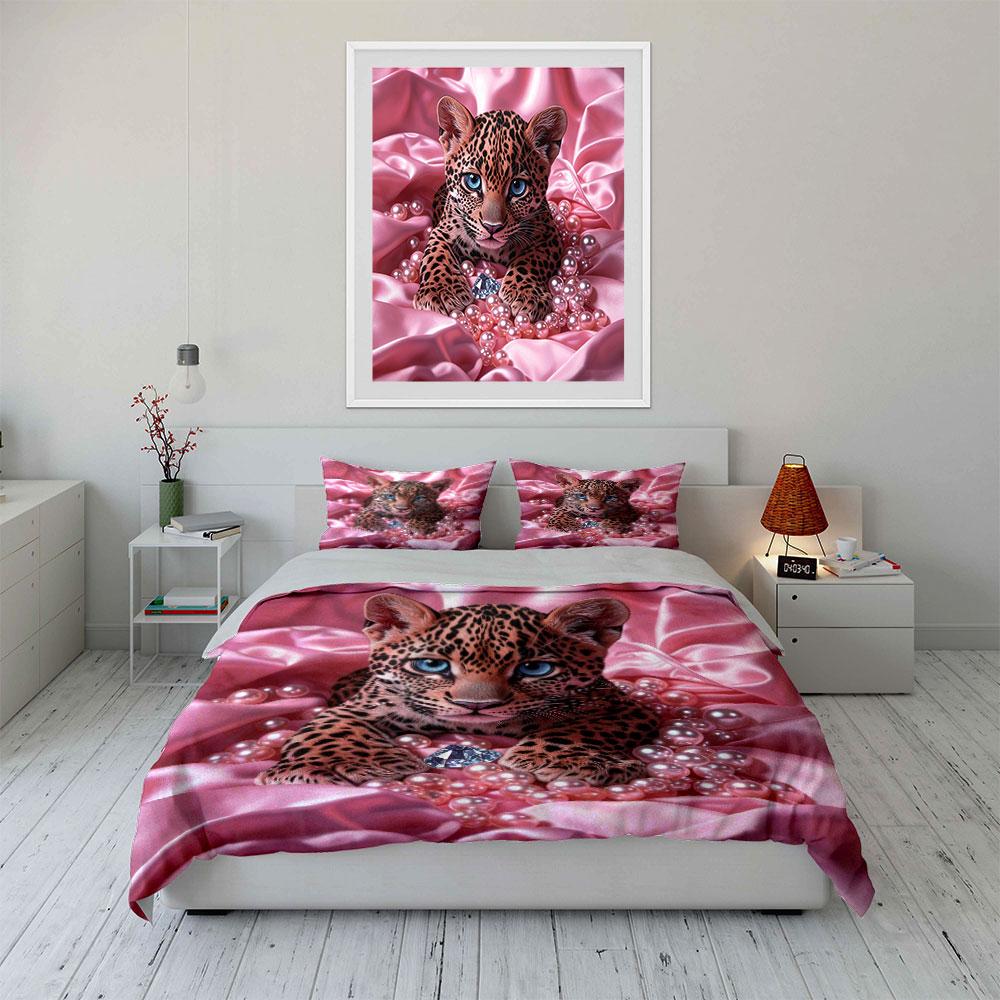 Cute Baby Leopard Cub Pink Silk Pearl Diamond Bedding Set 3pcs Glam Glossy Animal Print 1 Duvet Cover And 2 Pillowcase Gift