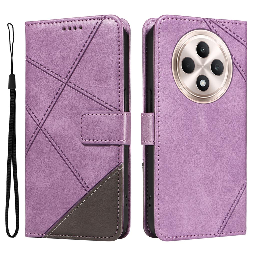 For Oppo Reno12 F 4G Case Leather Geometric Line Phone Cover Card Holder Wrist Strap
